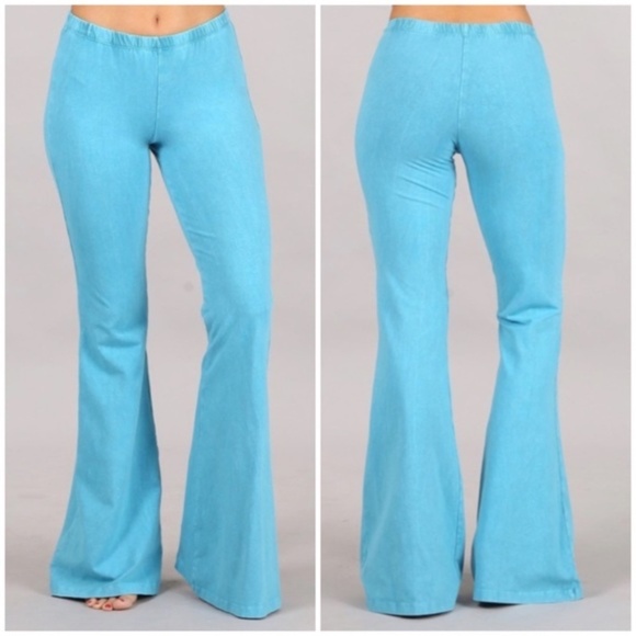 Bright Aqua Blue Boho Mineral Wash Stretch Flared Bell Bottom Casual Pants - Picture 1 of 6